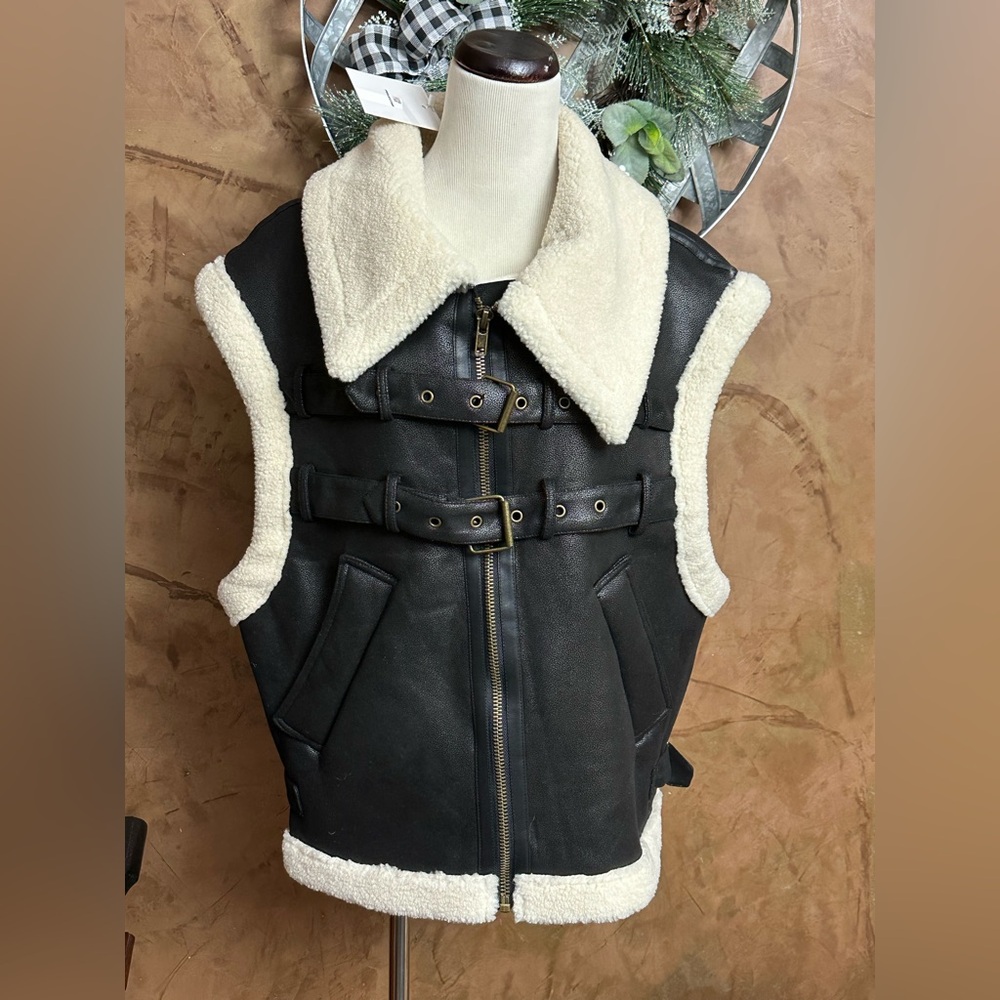 Men's Black and Cream Shearling Vest